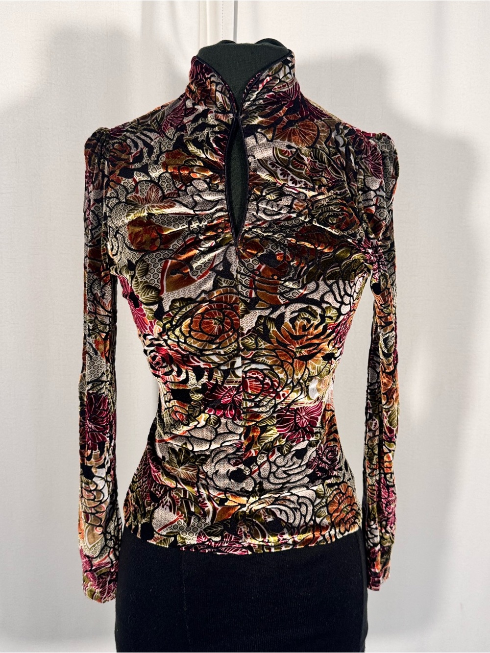 Vintage Kay Celine Velvet Burnout Floral Mock Neck Top